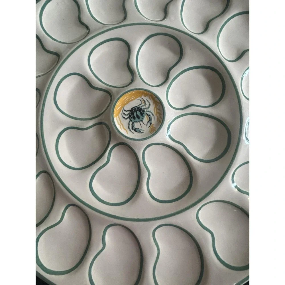 Henriot Quimper Hand Painted Ceramic Crab motif Oyster Plate holding 24 oysters